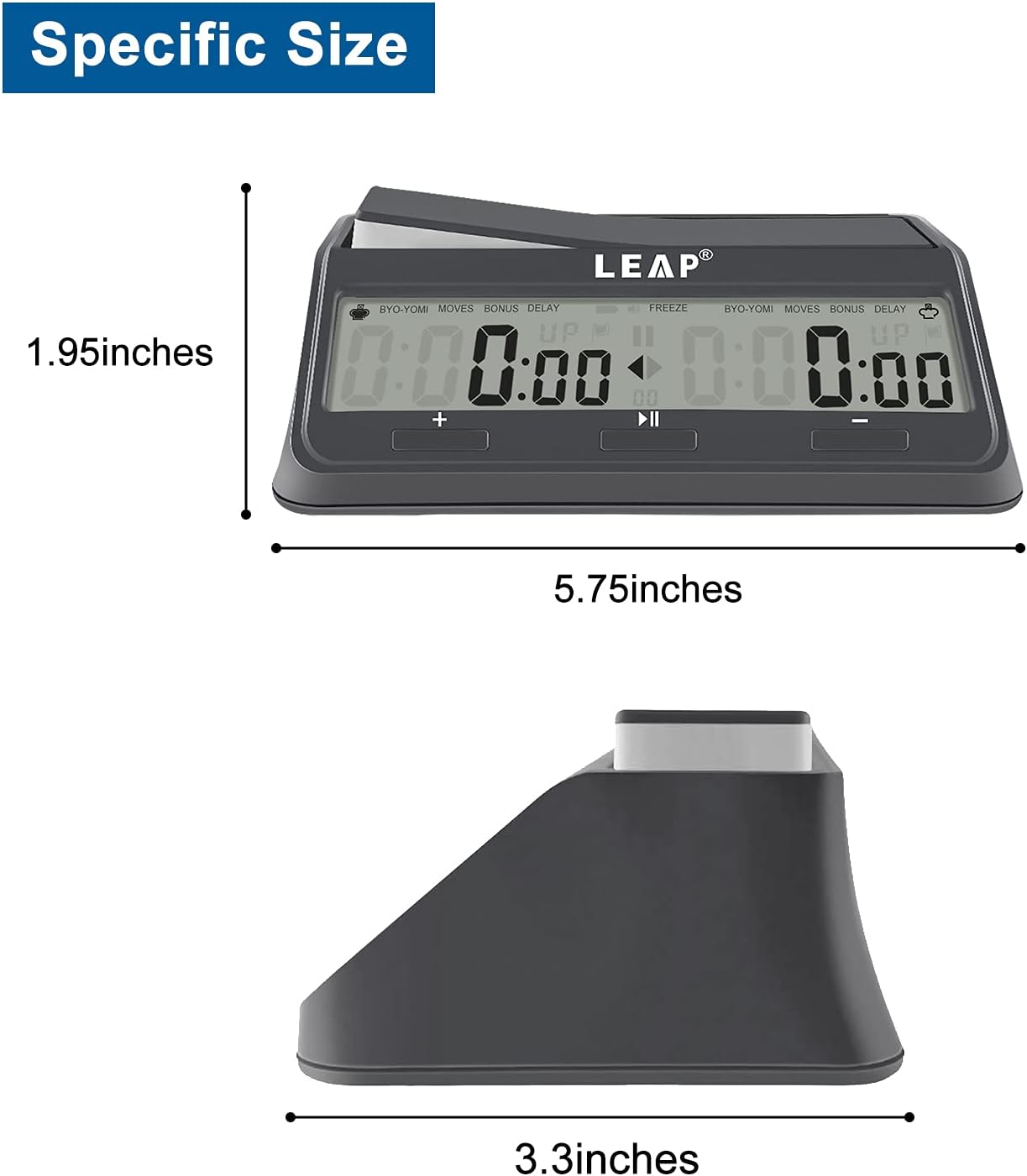 LEAP Chess Clock with dimensions labeled