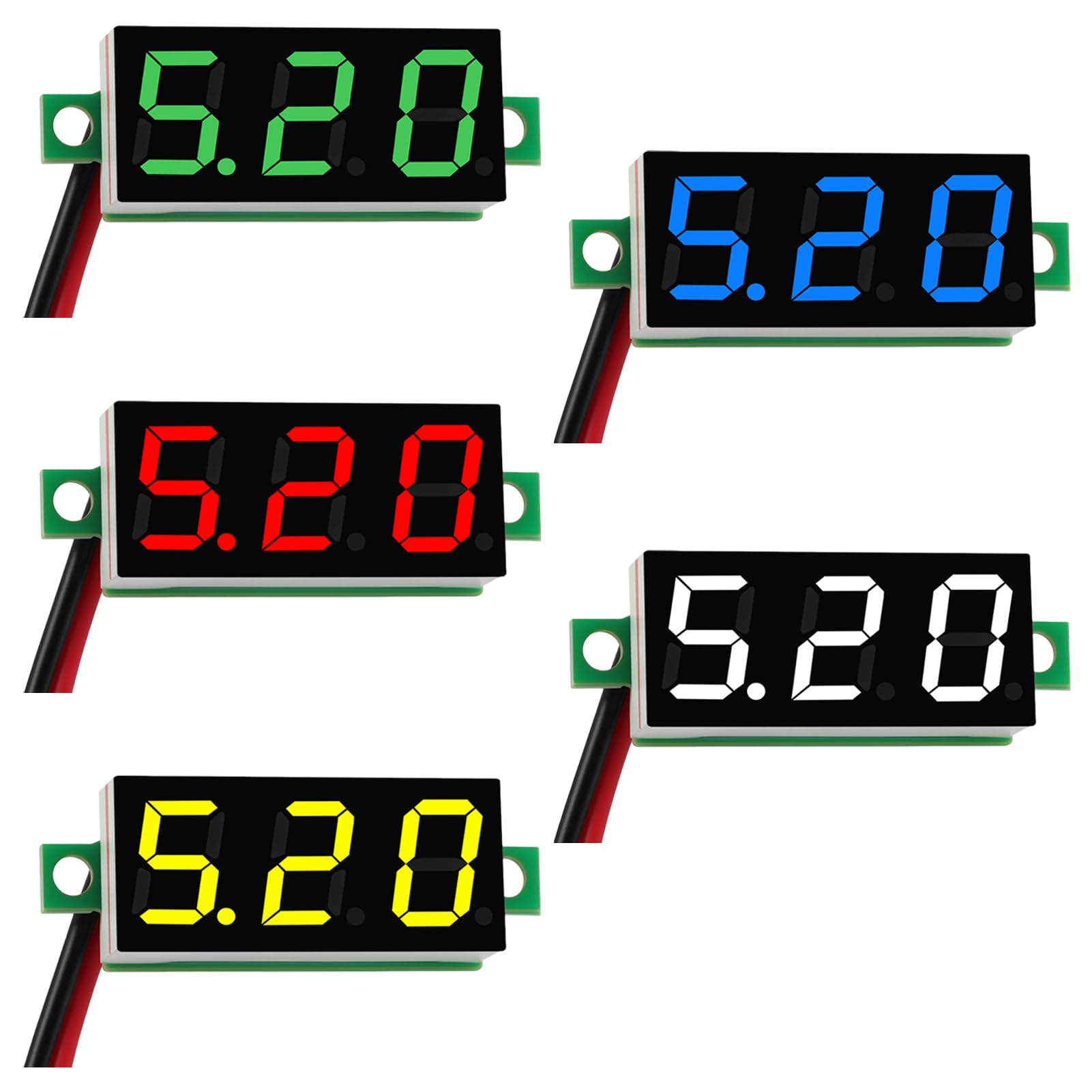 5 Pezzi Mini Voltmetri Digitali, Voltmetro DC Digitale 0.28 Pollici, 2.5V-40V DC con Protezione Inversione Polarità, Display LED, Adatti per Misurazioni Accurate della Tensione, 5 Colori