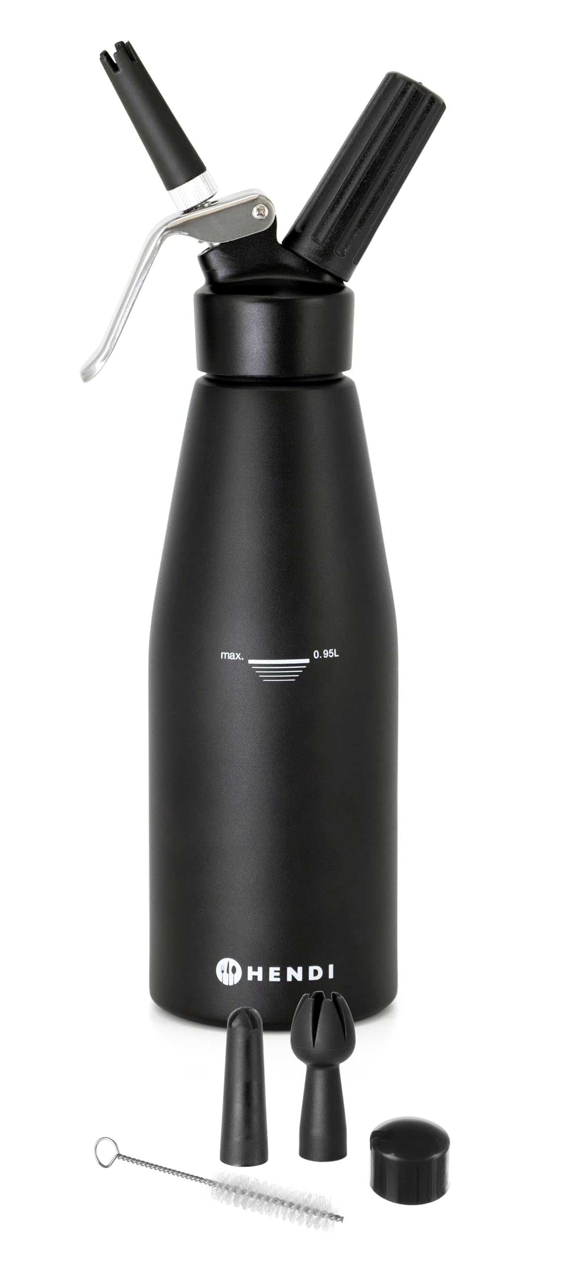HENDI Sifone da cucina per panna montata, con 3 beccucci decorativi in polipropilene e spazzolina per la pulizia, sifone panna montata, 0,95L, ø95x(H)320mm, alluminio, nero