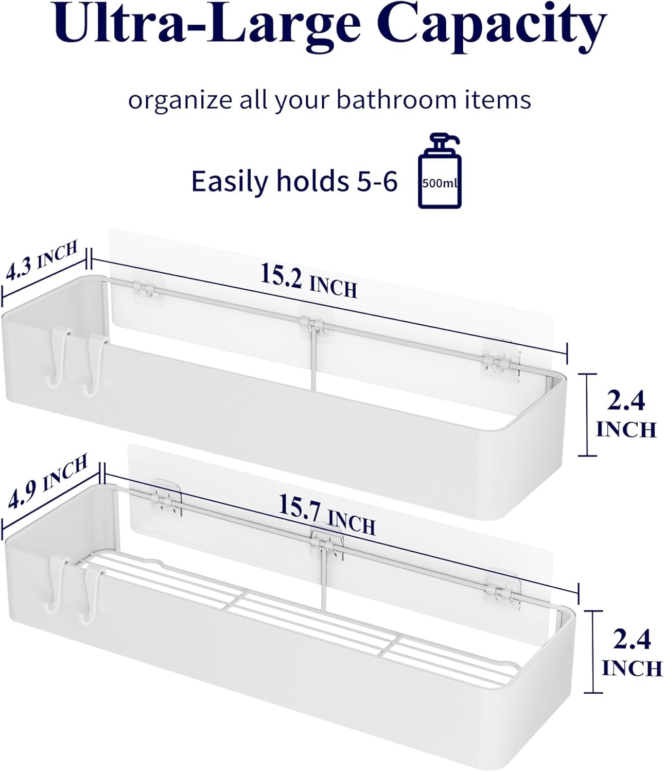 Kitsure Shower Caddy - 2 Pack Adhesive Shower Organizer, Rustproof Metal Shelves, No-Drill Bathroom Organizers and Storage, White, XX-Large