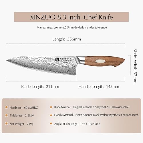 Miniatura 6 de XINZUO Cuchillo de chef de acero de Damasco de 8.3 pulgadas y 67 capas, cuchillo de chef japonés AUS-10 forjado a mano con caja de regalo, mango de