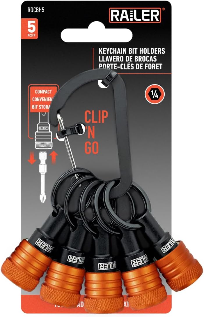 - Railer Bit Holder Keychain 5pc - 1/4 inch Hex Shank Bit Holders - Quick Release Bit Holder for Nut Driver, Screwdriver & Drill Bits w/Key Chain Carabiner