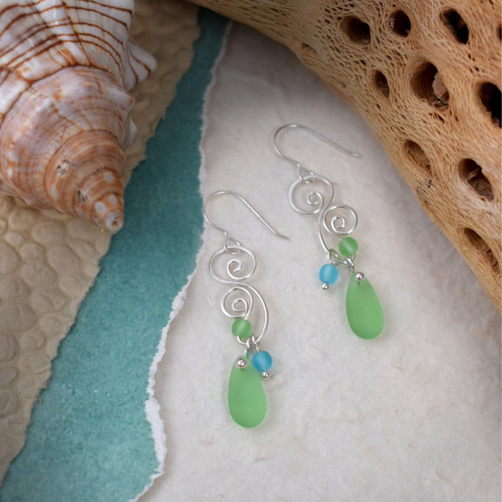 American Made Recycled Glass and Sterling Silver Splash Earrings 'Seafoam' Color, 2" Length