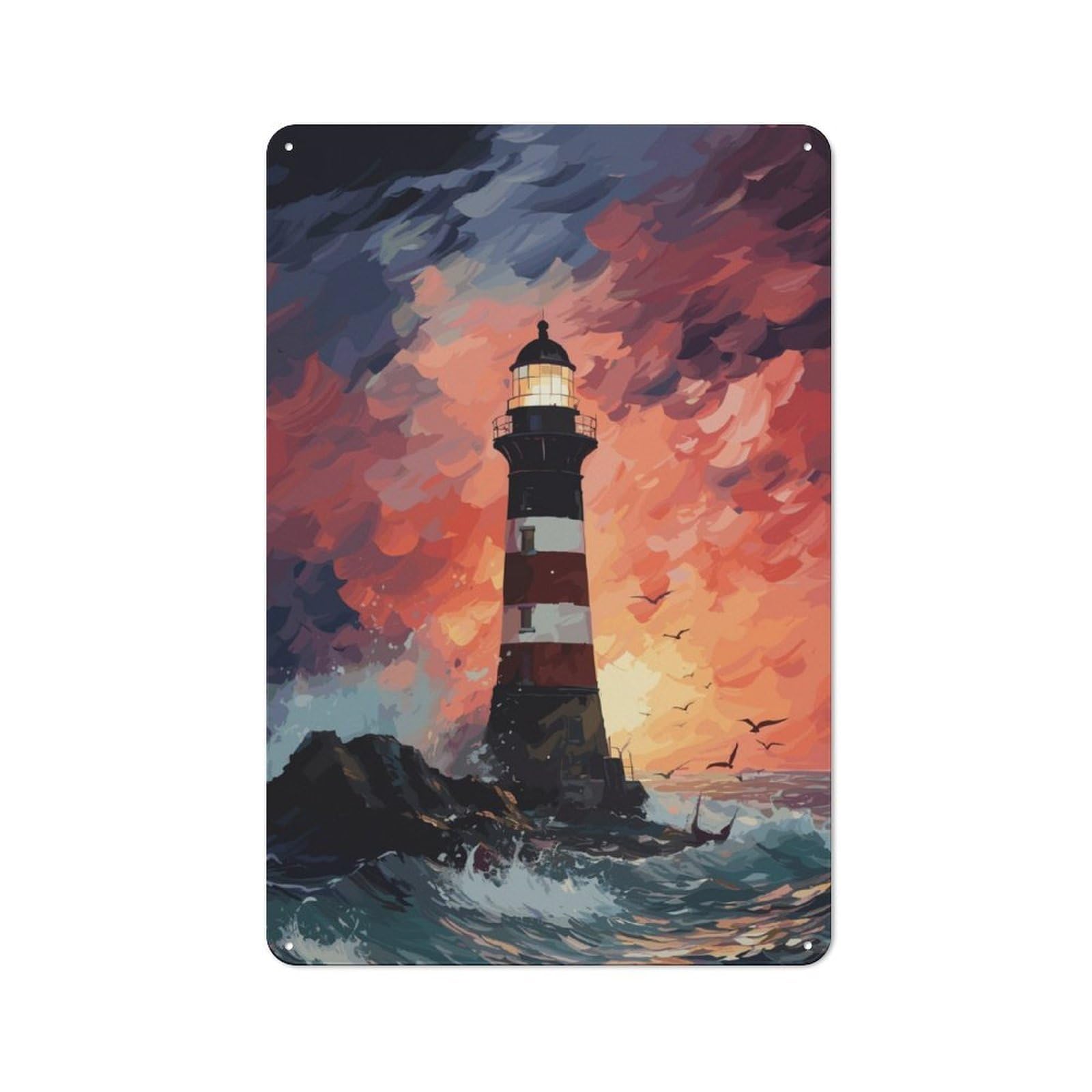 Lighthouse Sunset Decorative Metal Plaque 30x20cm, Modern Retro Urban Room Decor for Workspace, Cafe, Hallway Or Garage