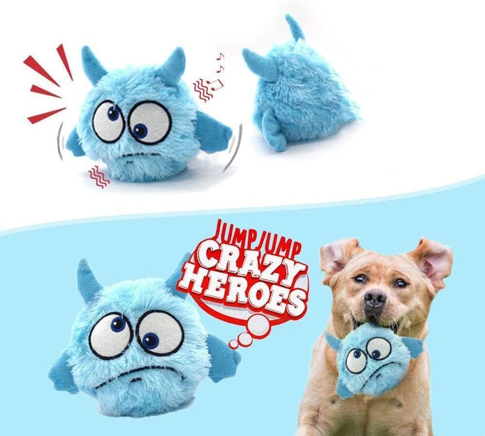 Pet Me Crazy Trembling Monsters Self Play Interactive Monster Plush Giggle Ball Shake Squeak Crazy Bouncer Toy Exercise Electronic Toy for Puppy Motorized Entertainment for Pets (Blue Monster)
