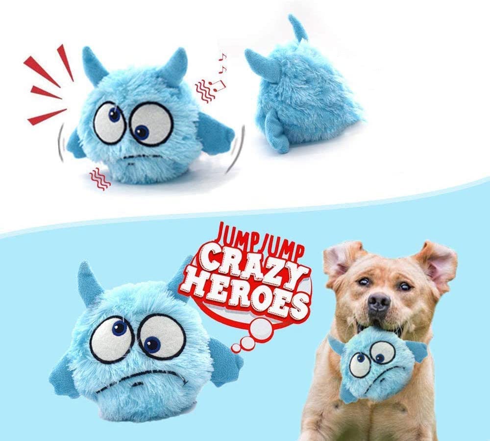 Pet Me Crazy Trembling Monsters Self Play Interactive Monster Plush Giggle Ball Shake Squeak Crazy Bouncer Toy Exercise Electronic Toy for Puppy Motorized Entertainment for Pets (Blue Monster)
