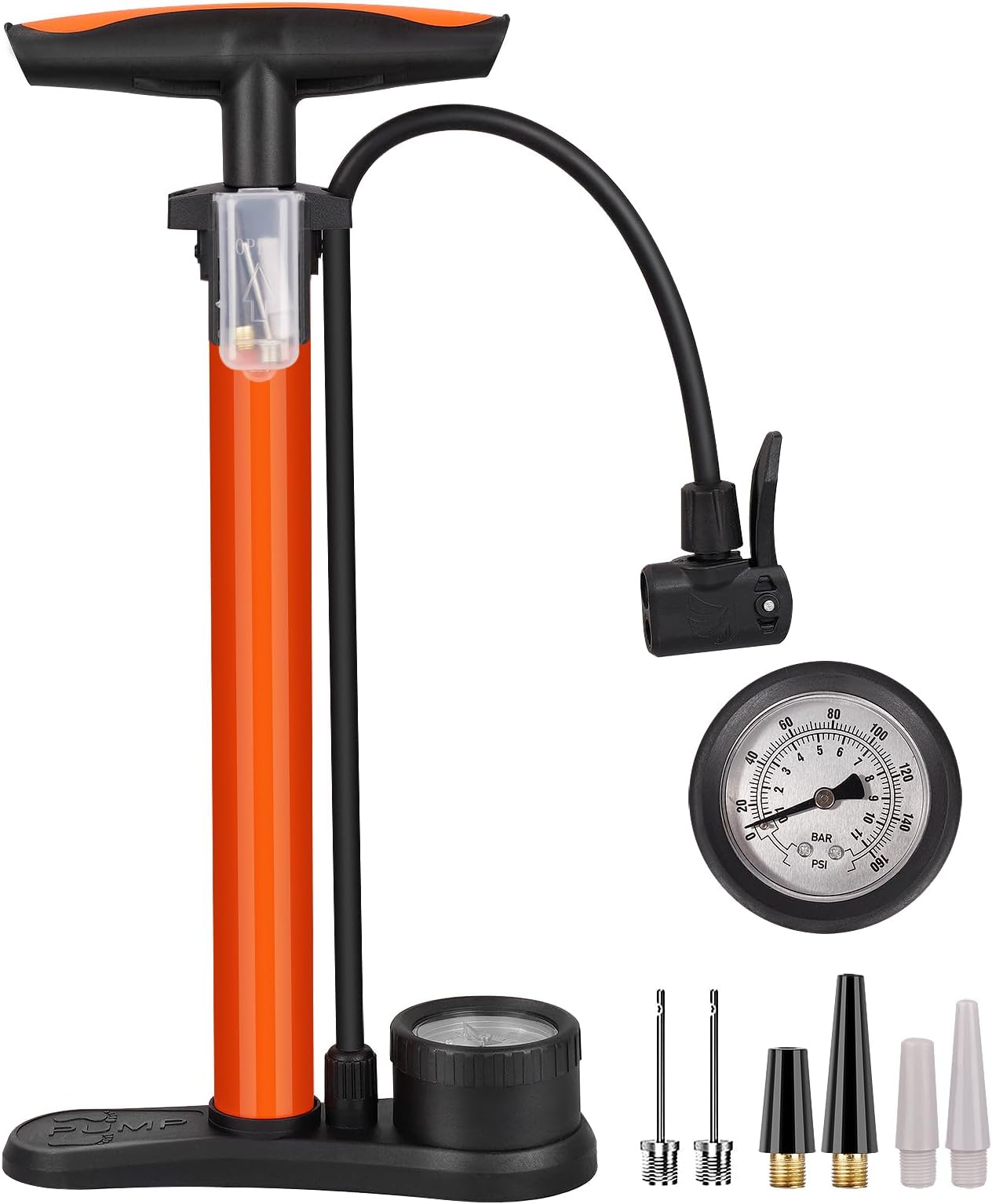 EsyhomiBicycle Pump, High Pressure 160 PSI/11 bar, Manual Floor Pump with Pressure Gauge, Dual Valve for Schrader and Presta, Includes Air Needles, Orange