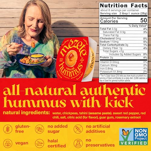 Mezete Spicy Hummus with Red Chili | All-Natural Dips and Spreads | Flavorful Tahini Rich Hummus | No Refrigeration Required | Halal | Gluten-Free | No Preservatives | 180g