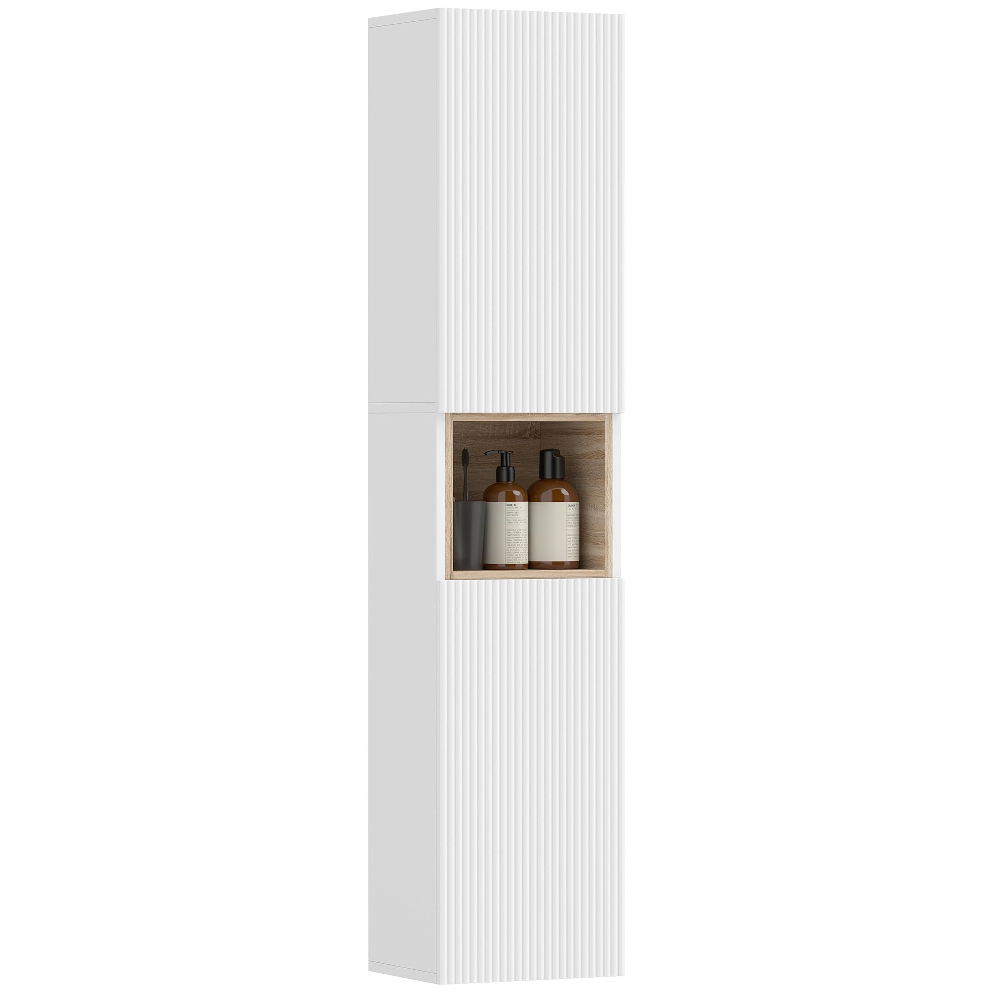 HOMCOM Colonna Bagno con 2 Armadietti e Ripiano Aperto, Mobile Bagno con Ripiani Regolabili su 3 Livelli per Soggiorno, 30x24x140 cm, Bianco e color Legno