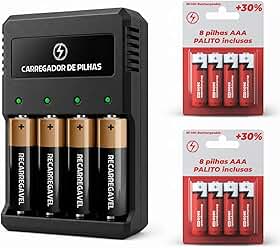 Carregador de Pilhas Recarregáveis Aa/aaa Bivolt - Kit Carregador + 8 Pilhas AAA Palito