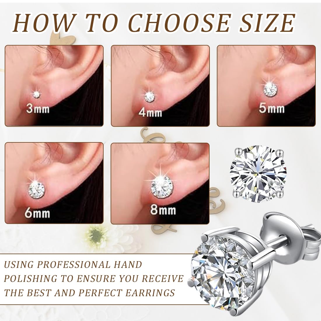 5 Paia Set di Orecchini in Argento, Orecchini a Bottone con Diamanti, Orecchini con Zirconi Cubici Quadrati Rotondi, Orecchini a Bottone Ipoallergenici per Donna Uomo 3, 4, 5, 6, 8 mm
