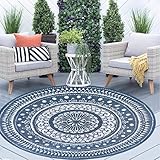 Picture of Cekene Round Outdoor Rugs for Patio 5Ft Waterproof Reversible Outdoor Patio Rugs Blue Lightweight Plastic Straw Rugs Portable RV Camping Mat Floor Carpet for Deck Porch Picnic