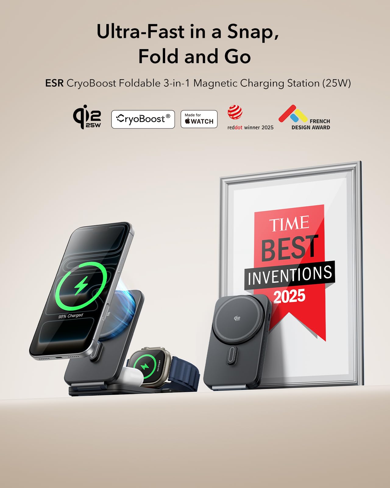 ESR Stacja ładująca 3 w 1 dla Apple, ładowarka MagSafe Qi2.2 25 W z CryoBoost, składana bezprzewodowa stacja ładująca z chłodzeniem dla iPhone 17/16 z systemem iOS 26 (adapter 65 W), czarna