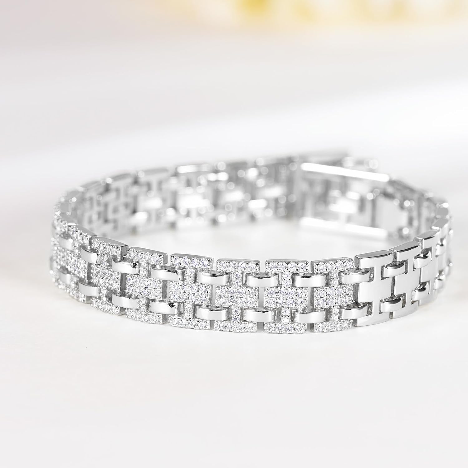 14K Sliver Plated Cubic Zirconia Bracelet For Men and Women, 7mm Watch Link Bracelet | Metal link bracelet |Suitable for holiday gifts