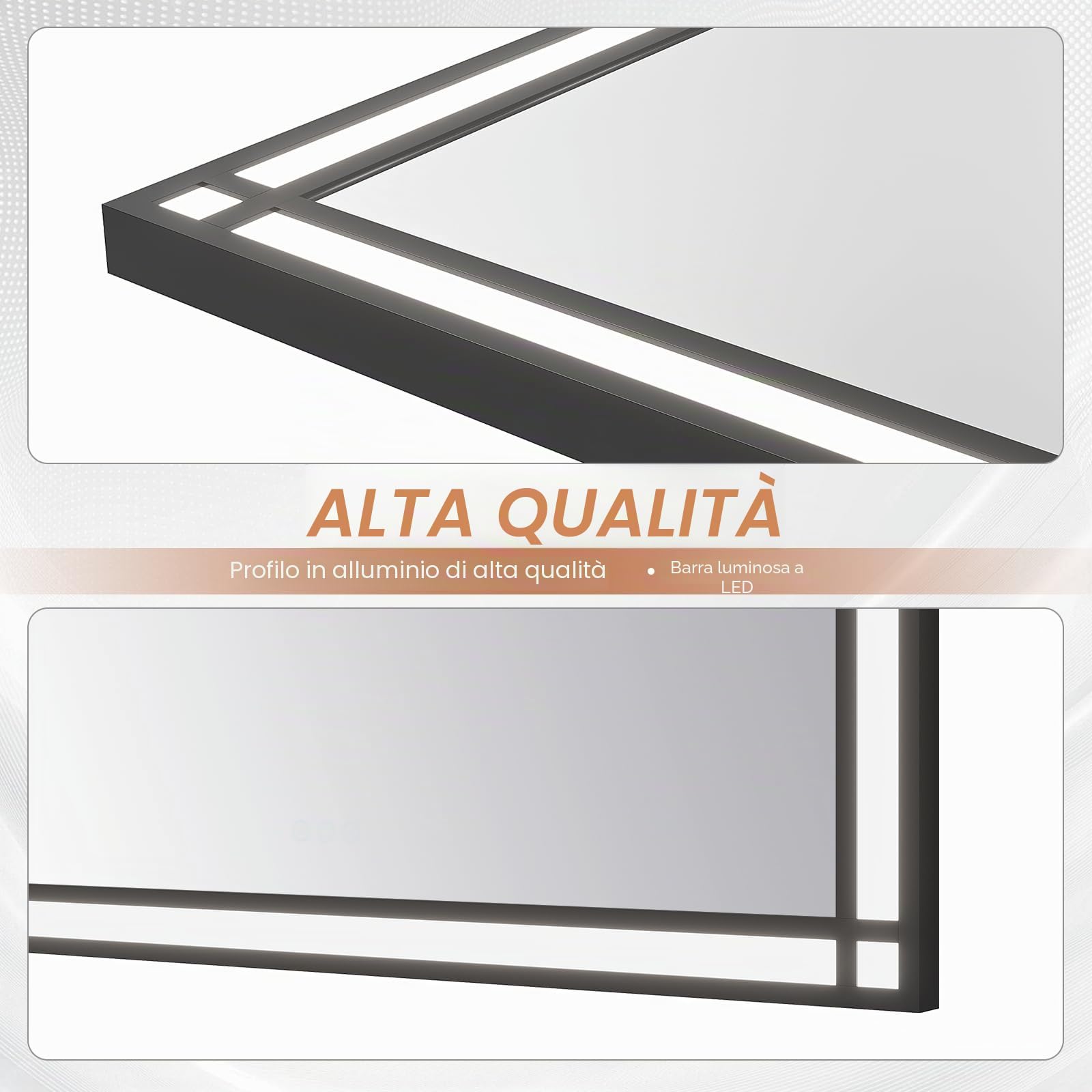 AQUABATOS grande specchio da bagno a LED con illuminazione 140x70 cm effetto finestra specchio luminoso cornice in alluminio nero dimmerabile antiappannamento