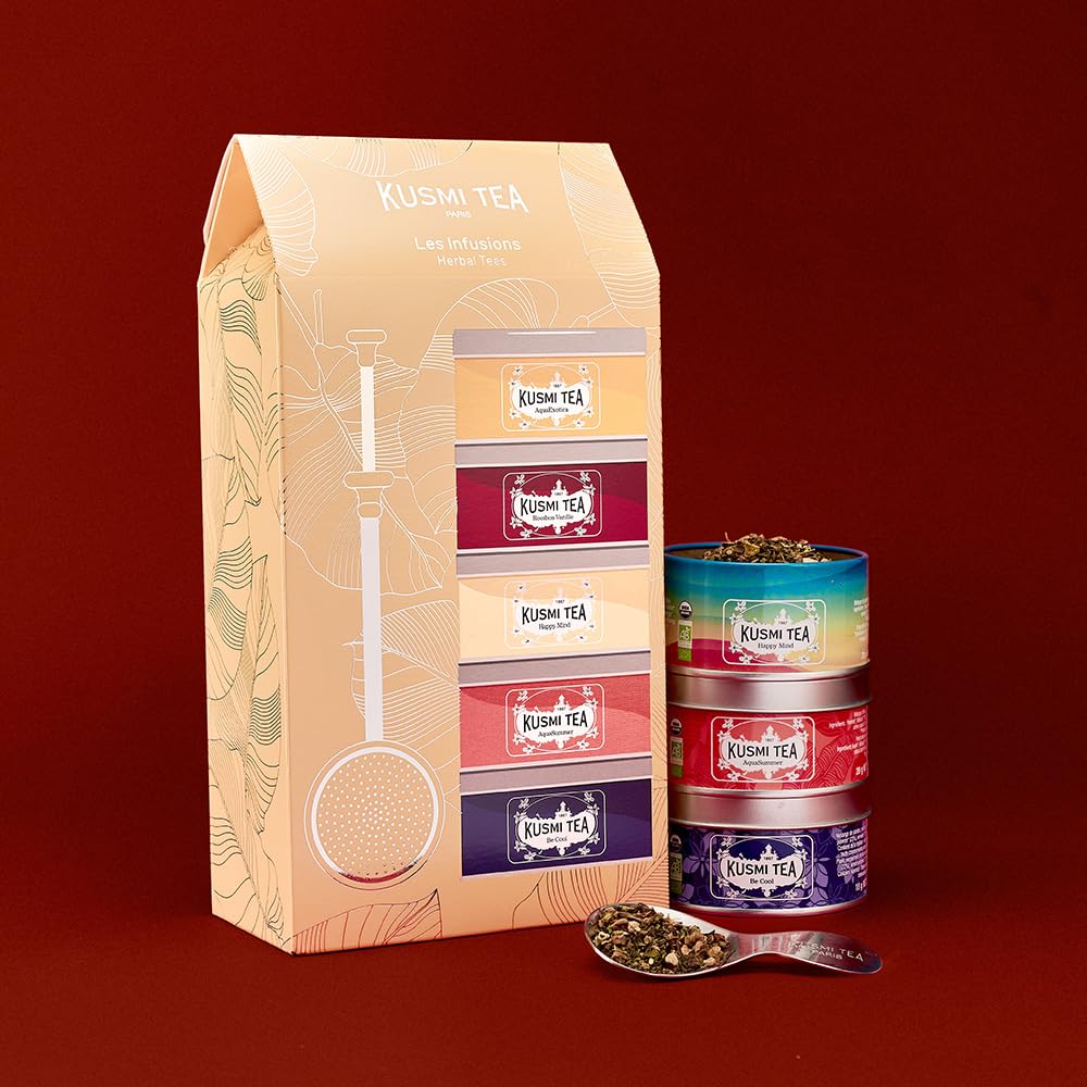 Kusmi Tea - Coffret "Les Infusions" + Pince à Thé - Assortiment de Thés Bio - Idée Cadeau Homme et Femme - Infusions, Tisanes Aromatisées, Rooibos - Notes de Fruits et d'Épices - 5 Boîtes de 25g