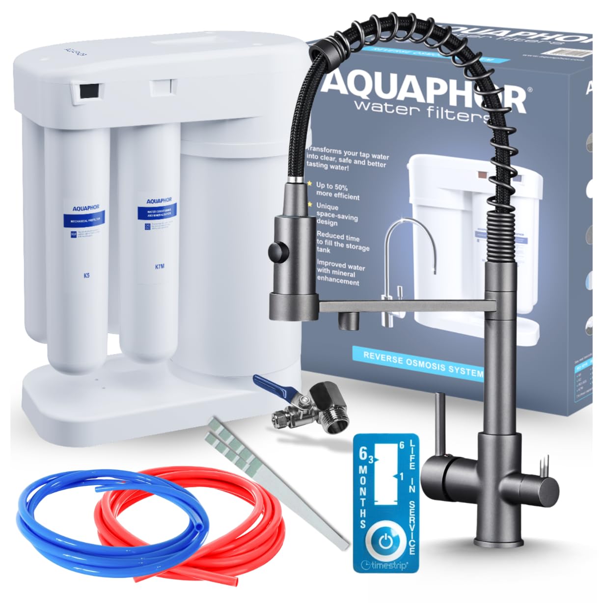 Grifo de cocina de 3 vías Solid Spring con sistema de filtro de agua Aquaphor Morion 101S RO, ósmosis inversa, filtro para debajo de la mesa de 0,0005 µm, depósito de 5 L, 190 l/día, ducha extraíble