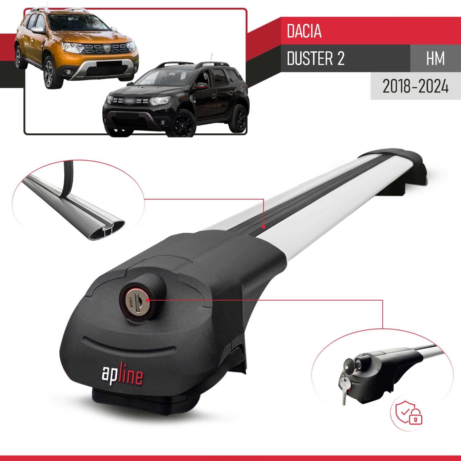 Kompatibel mit Dacia Duster 2 (HM) 2018-2024 ACE-1 Relingträger Dachträger Auto Gepäckträger Grau Aluminium 2 Stangen