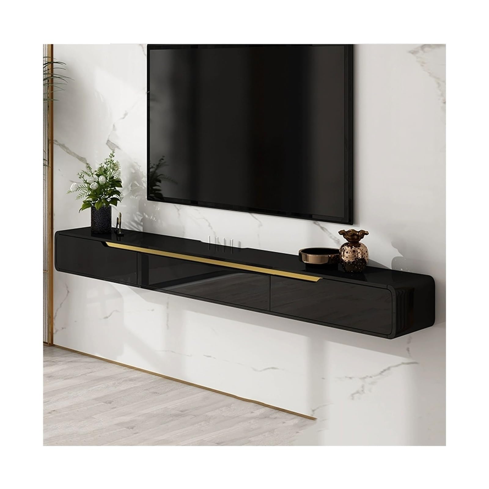 Consola de TV flotante moderna para TV, 47.2/59/70.8 pulgadas, centro de entretenimiento con plataforma y 2 cajones, gabinete de mesa multimedia para sala de estar (negro, 150 x 20 x 24 cm)