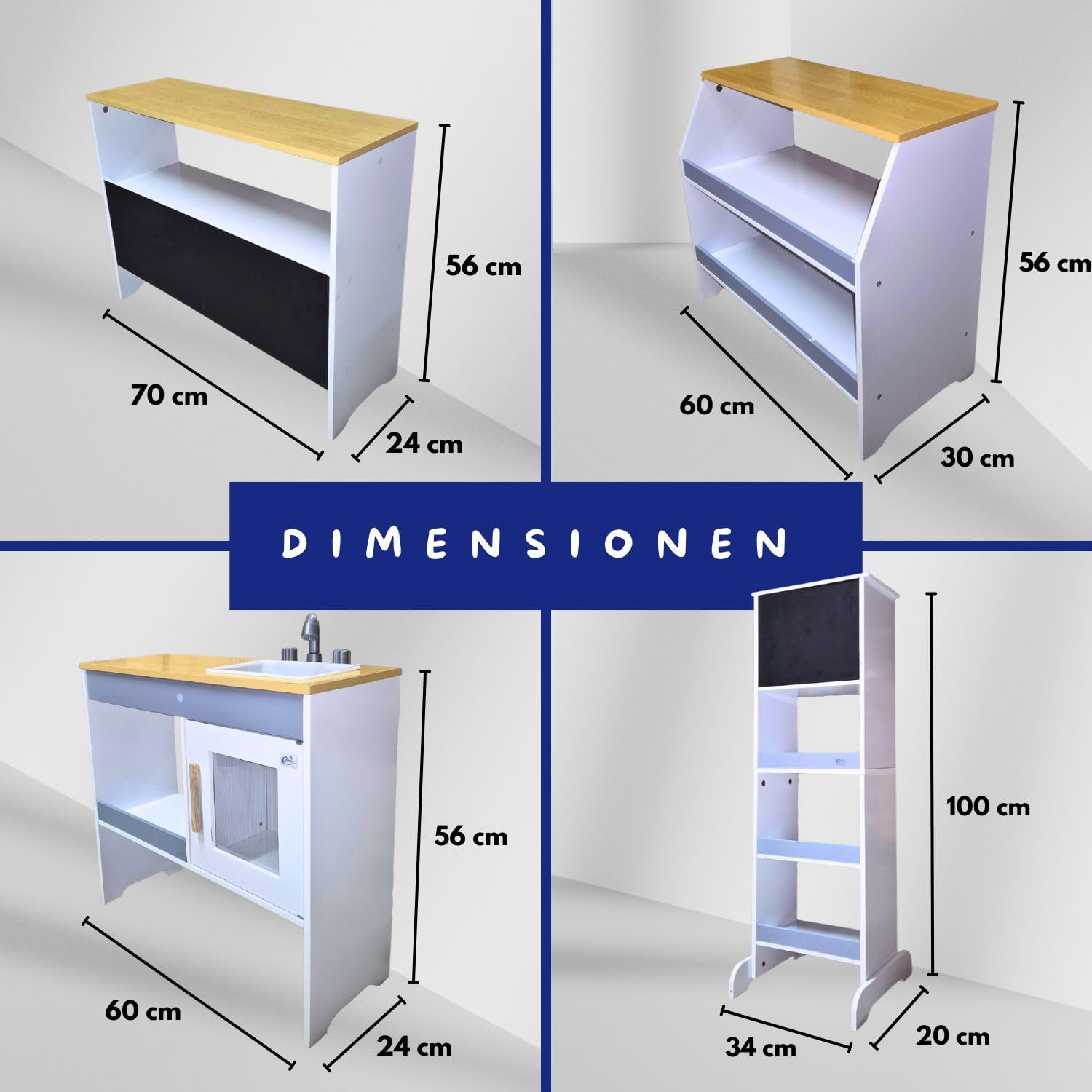 Coemo Spielküche Kaufladen Ida, grau, 4er Set mit Spülbecken | Große Kinderküche, Kaufmannsladen für Kinder, Spielzeugküche, Spielzeug und Küchenzubehör, Holzküche mit Kreidetafel