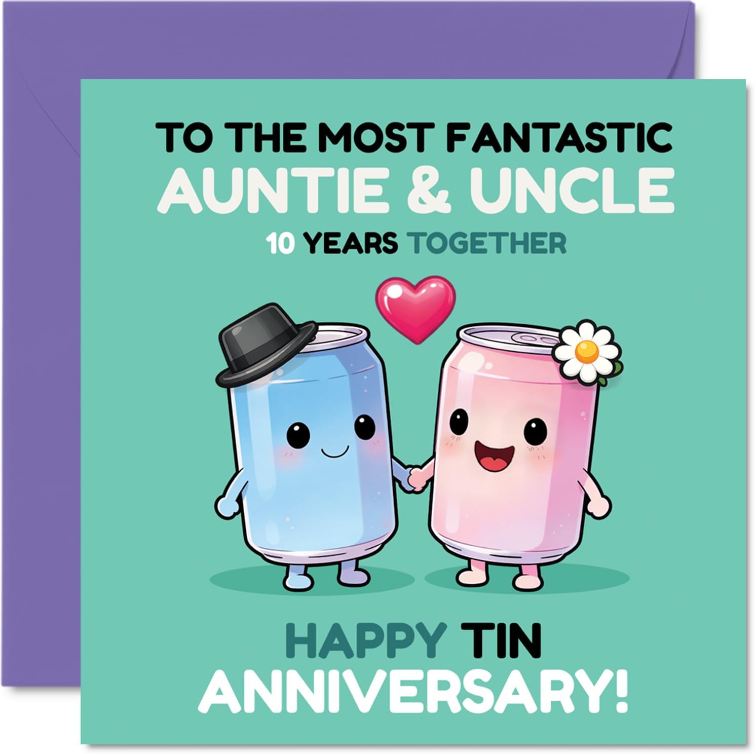 Stuff4 Playful 10th Anniversary Card for Auntie & Uncle - Celebrate Ten Years with a Smile - Two Adorable Cartoon Tin Cans Holding Hands - 5.7 Inch Square, Envelope Included