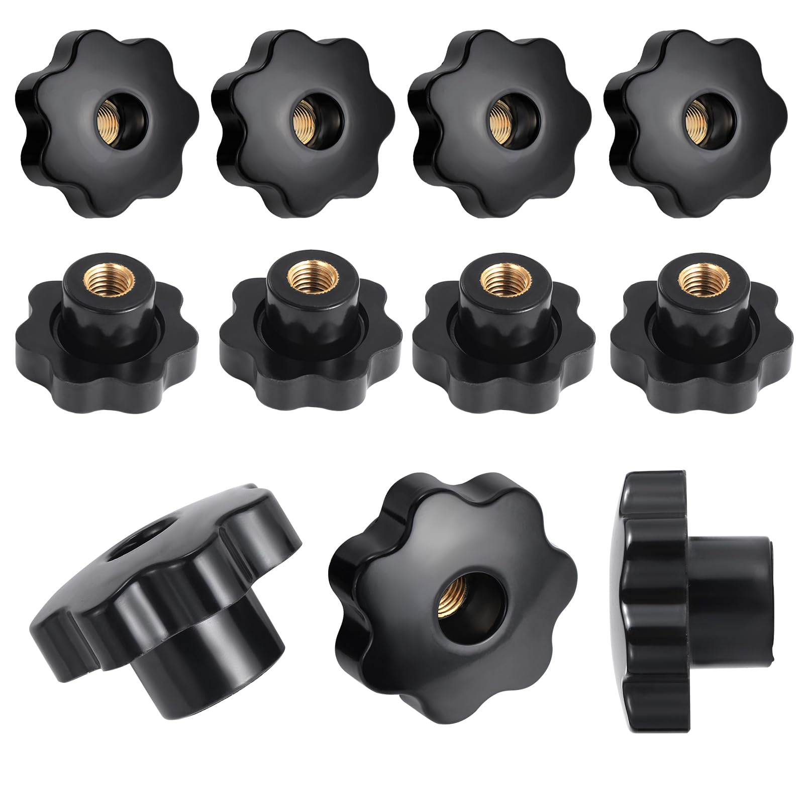 10 Manopole Di Serraggio M6 A Stella | Filettatura Femmina In Ottone | Impugnatura Zigrinata Nera | Per Macchinari Industriali