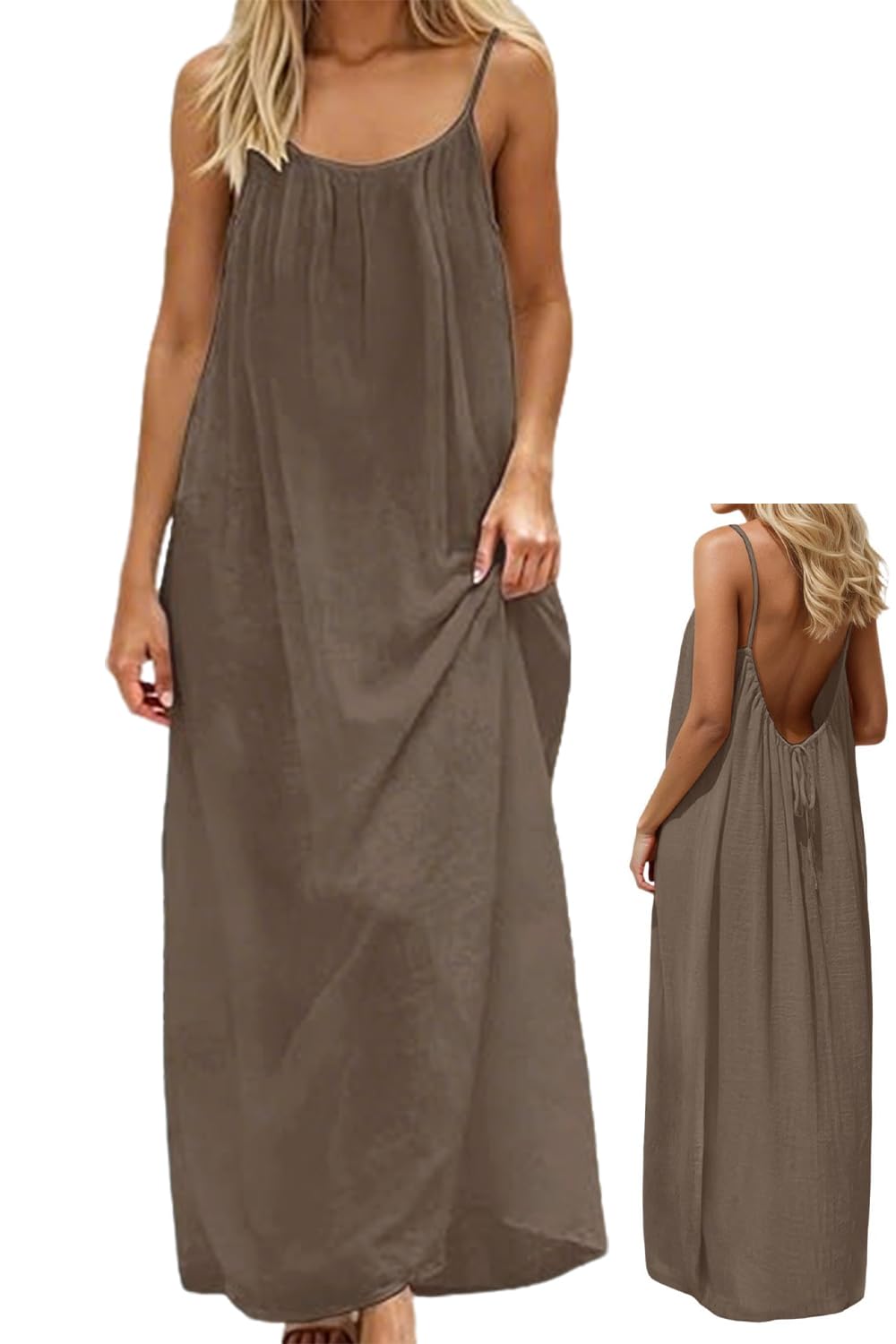 makabaky Sommerkleid Damen Lang Rückenfrei Spaghettiträger Strand Luftig