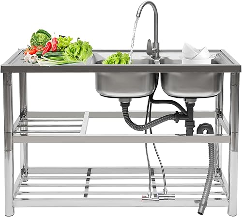 Fregadero de restaurante comercial, fregadero de cocina independiente de acero inoxidable 304, fregadero de cocina de doble tazón con grifo y disponible en Yaxa Peru