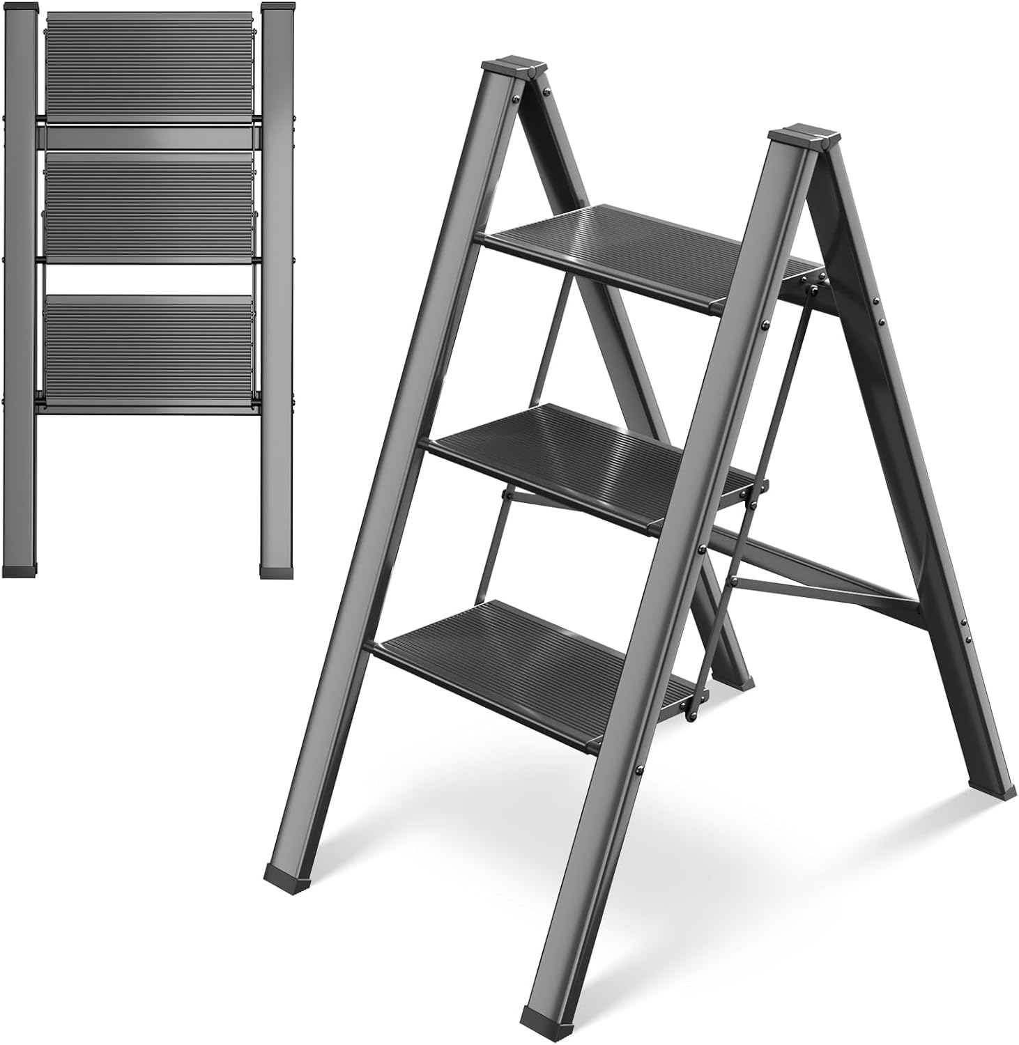 TLGREEN 3 Step Ladder, Aluminum Step Ladder 3 Step Folding with Anti-Slip Pedal, 330LBS Capacity Folding Step Ladder, Lightweight Stepladder for Kitchen, Office, Home, Garage (Black)