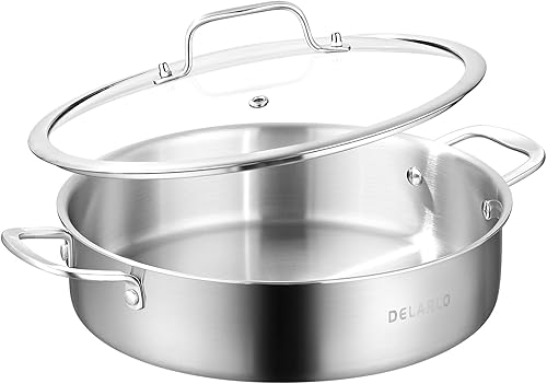 Miniatura 8 de DELARLO Sartén de Acero Inoxidable de Tres Capas de 3QT con Tapa, Sartén Profunda de 12 Pulgadas, Sartén Grande de Inducción, Sartén de Cocina, Apto