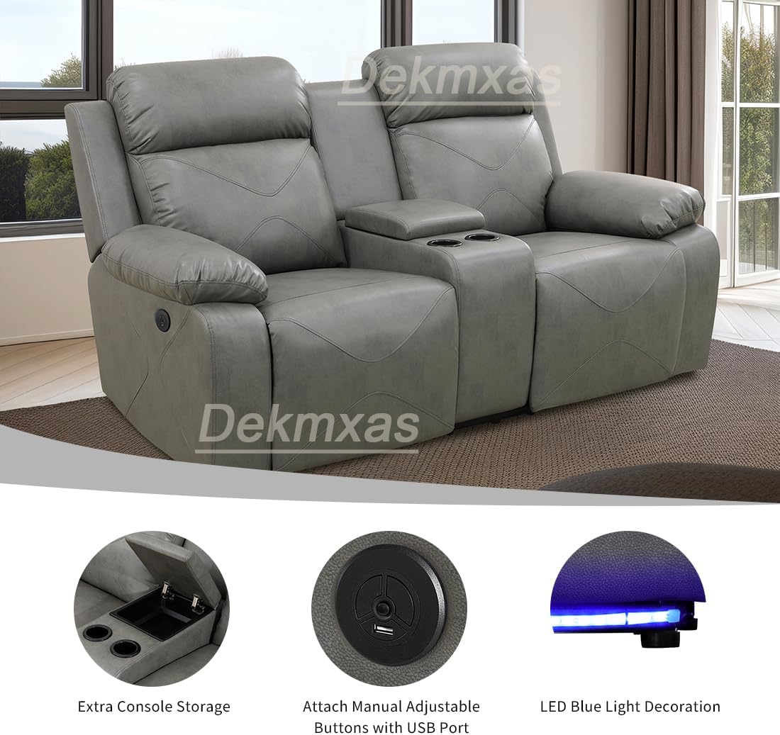 Furniture Recliner Loveseat Gray Manual Adjustable Leather Couch Living Room Loveseat with Storage Console/Cup Holders/LED Light/USB Port for Living Room, Office(Grey)