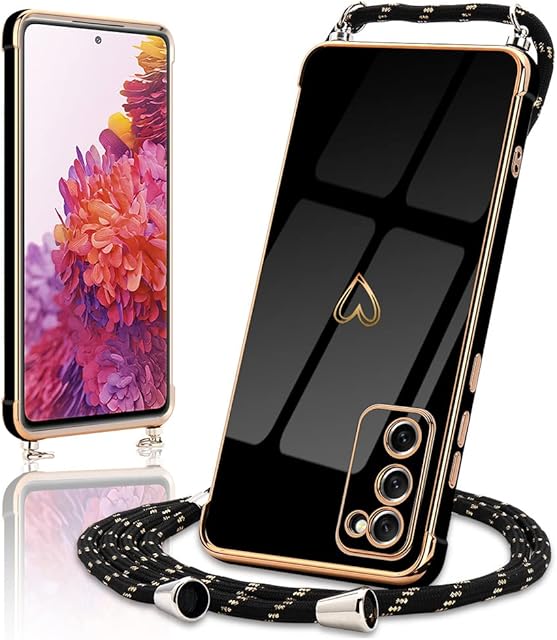 Micoden for Samsung S20 FE 4G Case Crossbody Lanyard with Cord Neck Strap Cute Heart for Girls Women Holder with Necklace Silicone Shockproof Cover for Samsung Galaxy S20 FE 5G Black