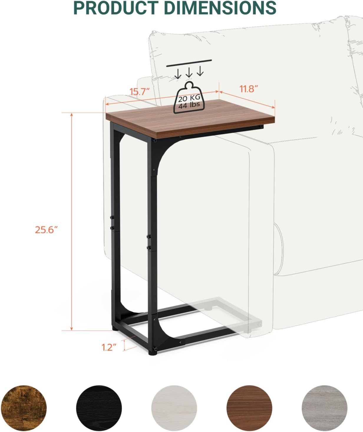 c-shaped side table for couch - small coffee stand sofa tray desk with metal frame and waterproof scratch resistant, modern end accent for living room, bedroom, set of 2, rustic walnut 2-pack without power outlets rustic walnut