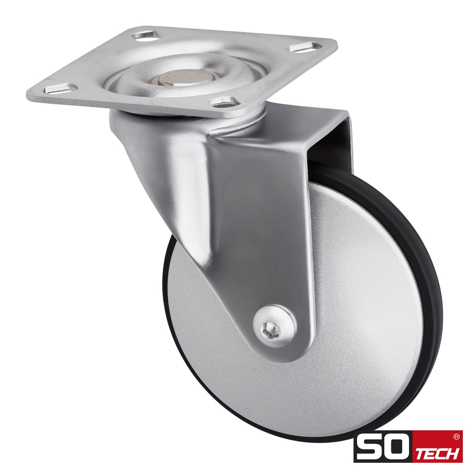 Sotech 4er Set Design-Möbelrolle LINDAU (Ø 75 mm, 35 Kg Tragfähigkeit pro Rolle, 360 Grad drehbar, mit Montageplatte, silbergrau) Transport-Lenkrolle, leise und bodenschonend