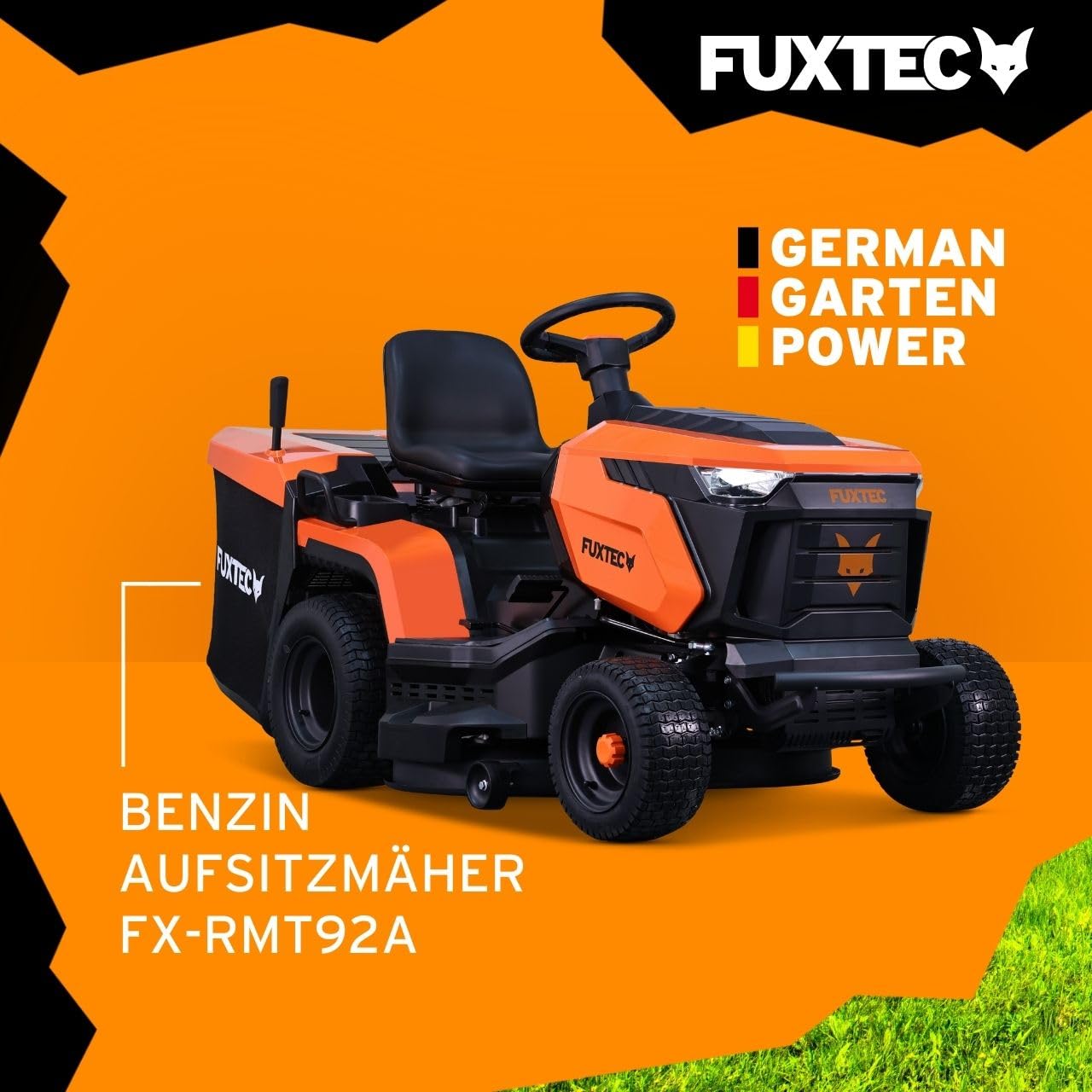 FUXTEC Rasentraktor FX-RMT92A, Aufsitzmäher mit 92cm Schnittbreite, 6-stufige Schnitthöhenverstellung, 452ccm Hubraum, Hydrostat, Rückwärtsmähen, geeignet für Flächen bis 6500m²
