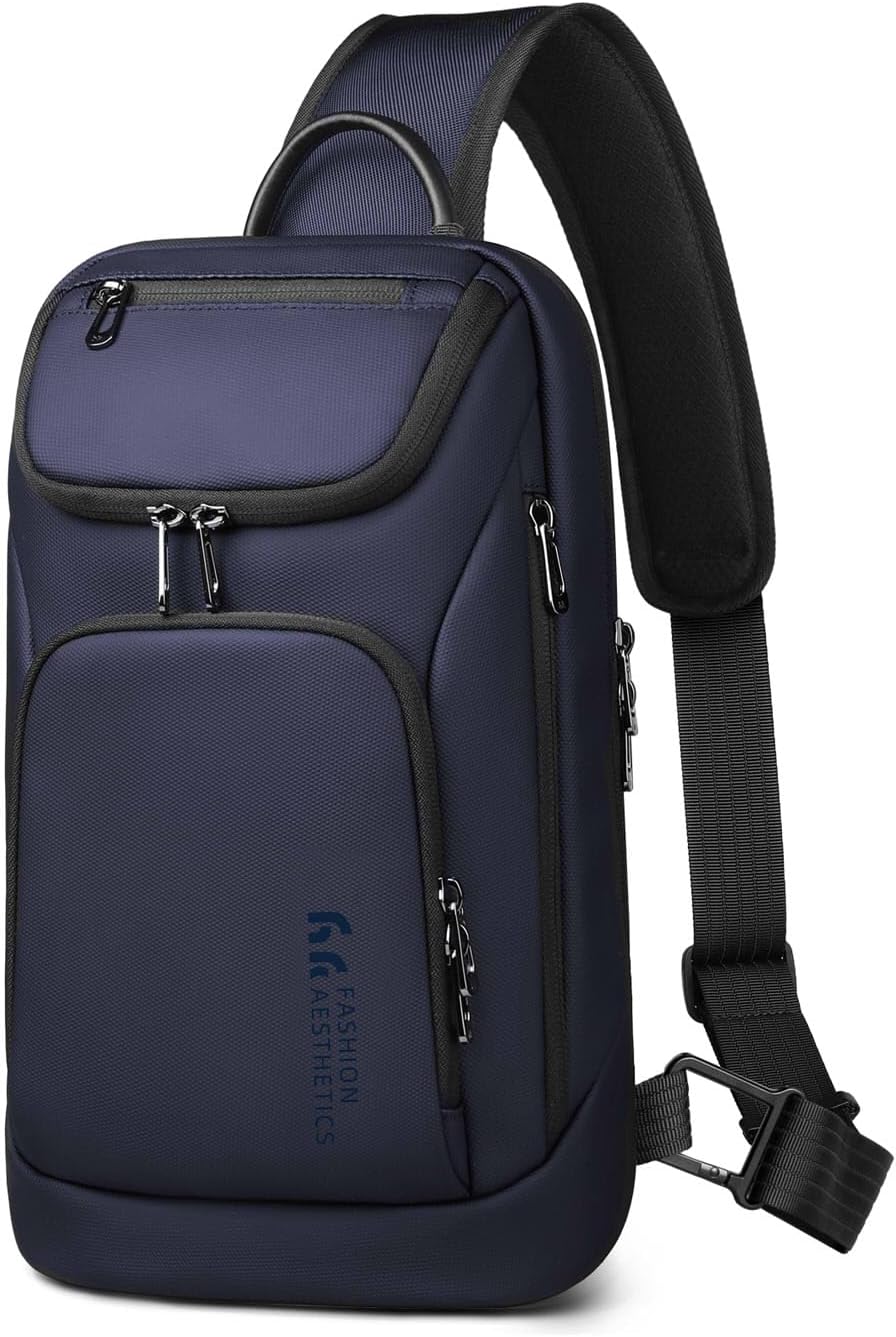 hk Sling Bag for Man, Waterproof Utility Crossbody Bag with Anti-theft Pocket for Men, Sling Backpack for Daily Commute, Work, College, 14 * 7.8 * 4.5 inches,Blue