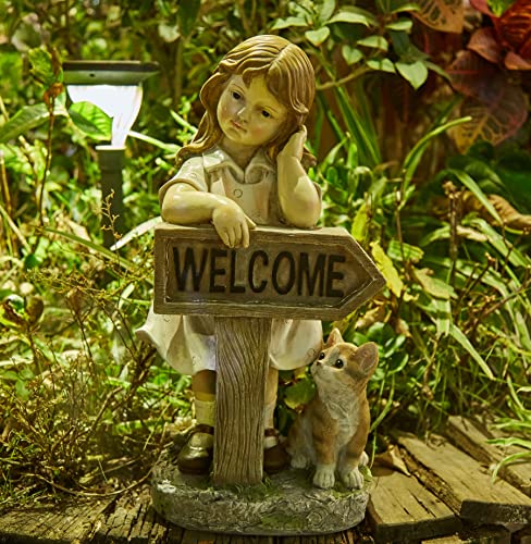Floryden Girl Garden Statue With Solar Led Lights, Solar Girl Welcome Sign With Cat Garden Statue For Outdoor Decor, Porch, Patio, Yard Art Decorations, Polyresin 17.3 Inch #TOP3