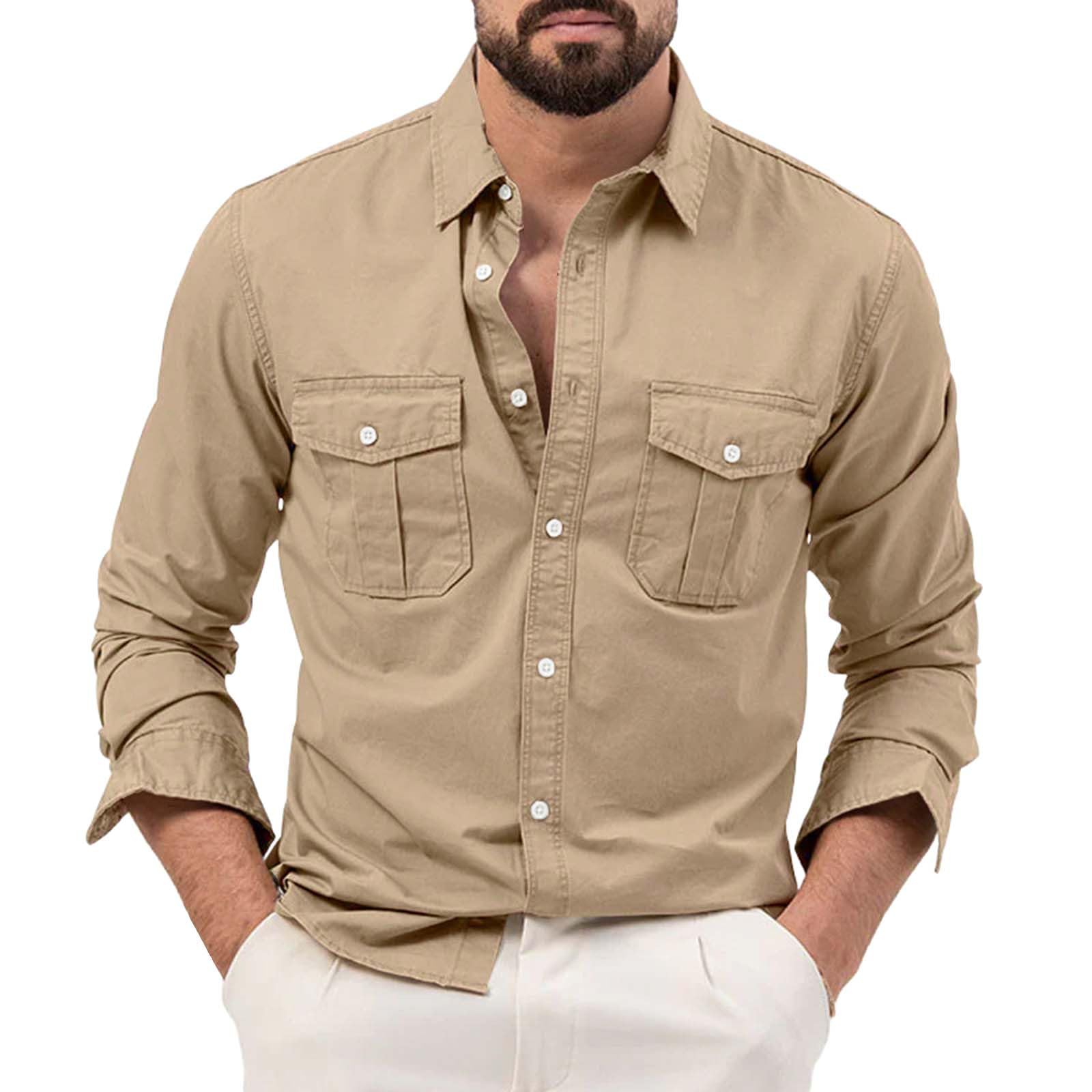 Mens Tactical Cargo Work Shirt Military Casual Slim Fit Long Sleeve Shirts Vintage Lightweight Hiking Fishing Shirt