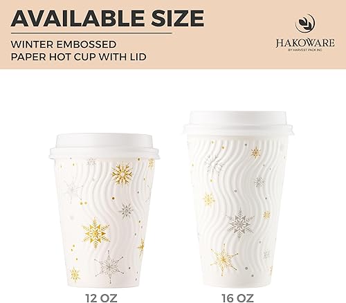 Miniatura 5 de Paquete de 100 tazas de café de Navidad de 16 onzas, vasos de papel desechables de invierno con copos de nieve blancos, vasos de papel de pared con