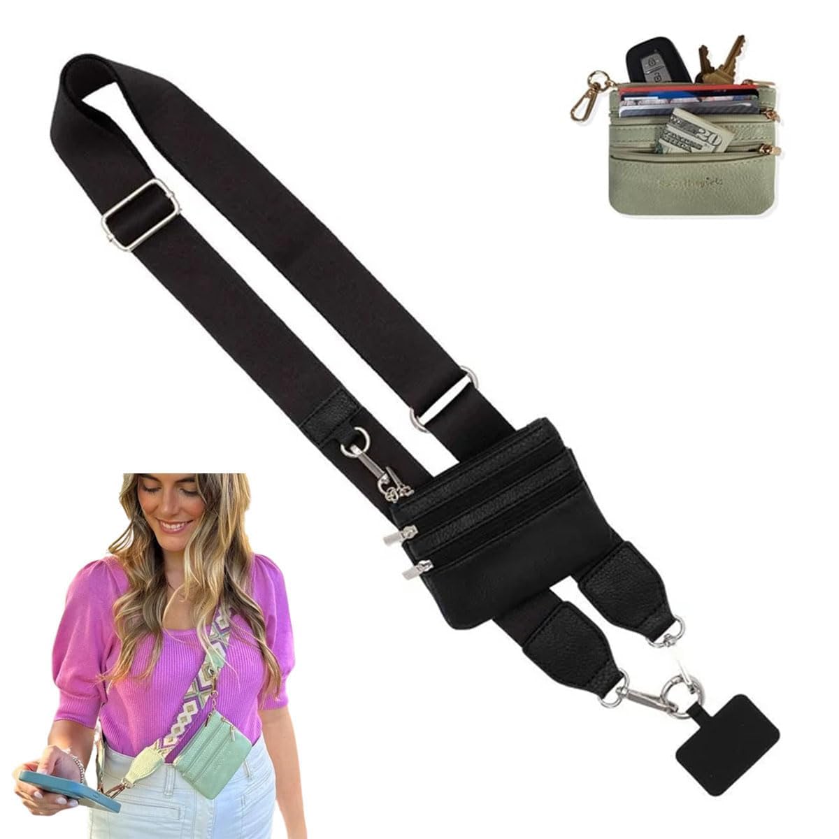 A Crossbody Phone Strap with Zippered Wallet Pouch, Adjustable Lanyard Charm