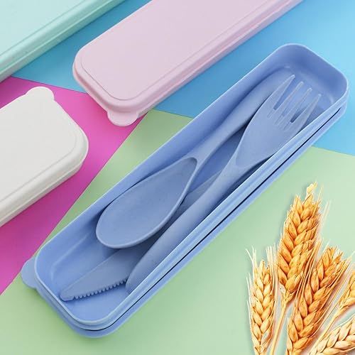 Miniatura 2 de Juego de 4 utensilios de viaje reutilizables con estuche, utensilios de paja de trigo, vajilla, cubiertos, cuchillo portátil, tenedor, cuchara para