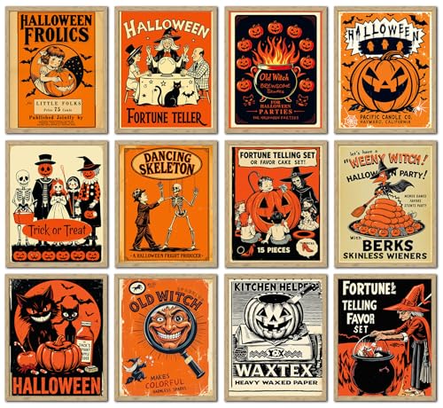 FYSUIMU 12 Pcs Vintage Halloween Wall Art Prints Orange Pumpkin Skeleton Witch Paper Posters Retro Picture Decoration for Home Gallery Living Room Office Unframed 8 x 10 Inch