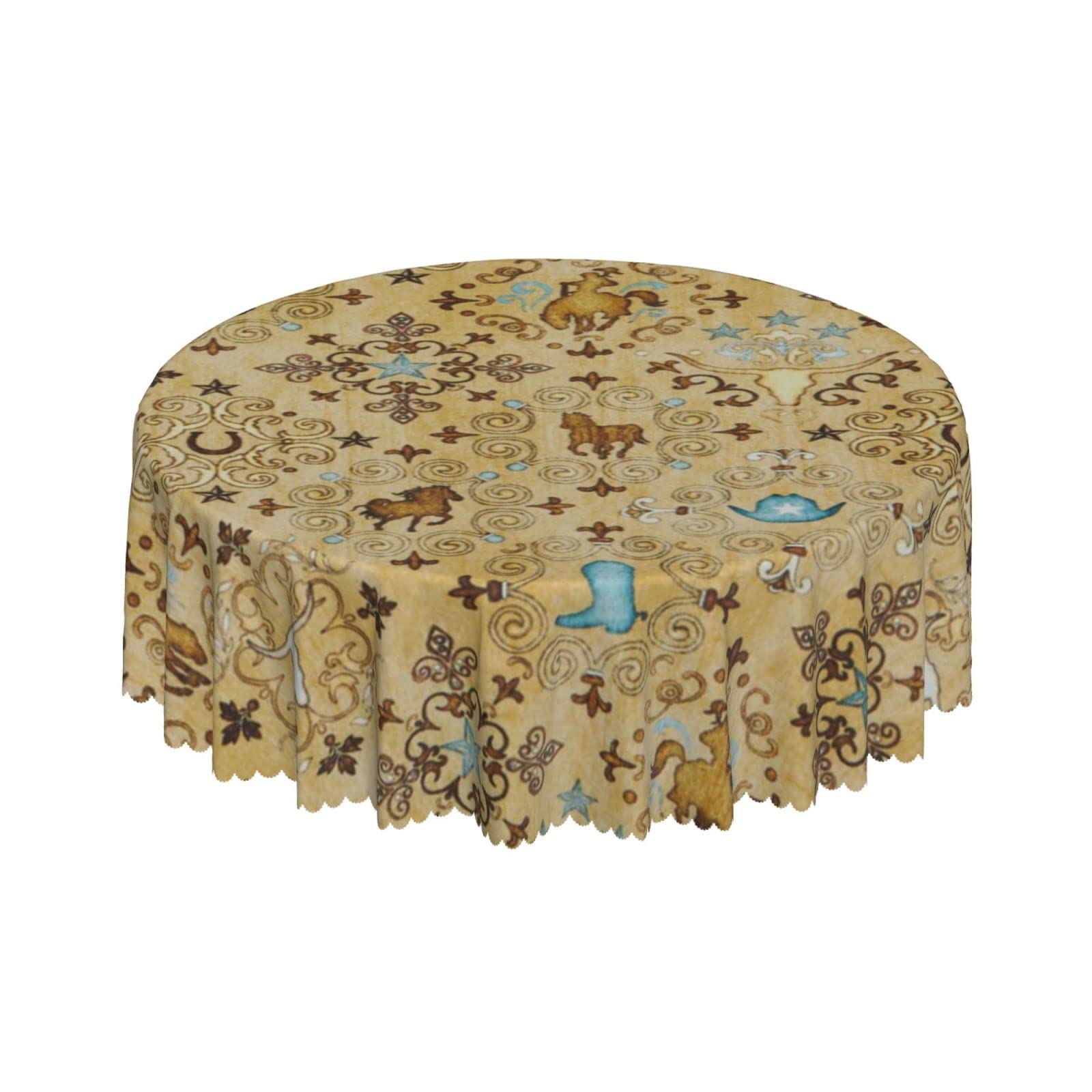 Lsjuee Western Cowboy Texture Beige Round Tablecloth 60 Inch Printed Washable Tablecloth for Dining Party Holiday Fall Home Decorative