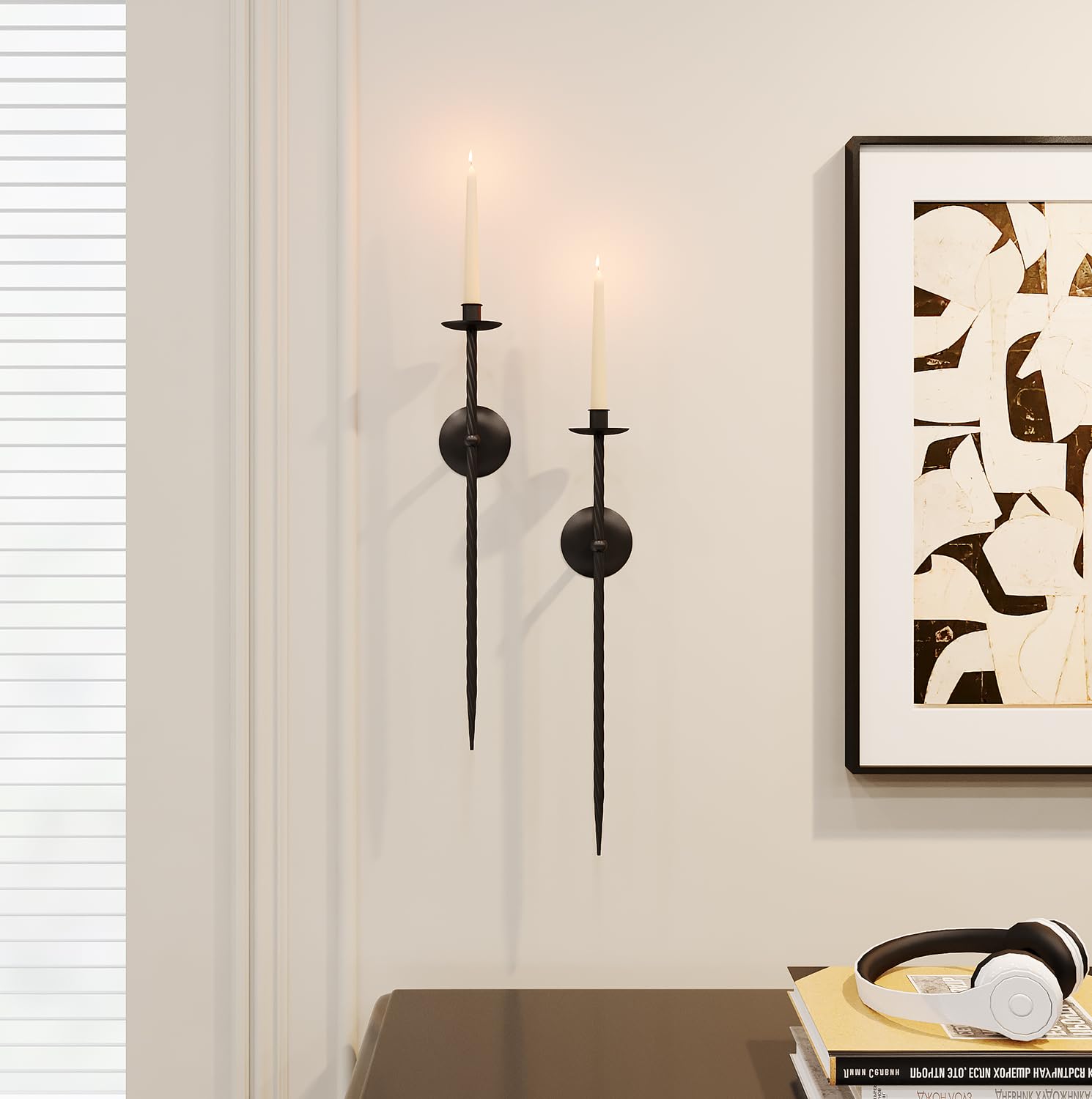 Candle Wall Sconce Set of 2, Large Twisted Wall Mount Metal Black Candle Holder Sconces Decor for Living Room Farmhouse Fireplace Wedding 23.5