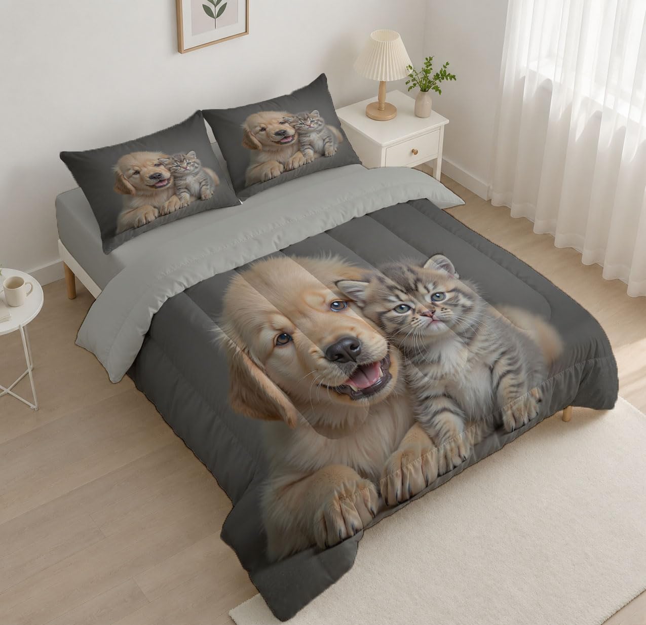 Pet Photography Comforter Set King Size, Golden Retriever Bedding Set for Girls Boys, Apricot Quilt Bed 104"X90" Bedding Comforter Sets with 2 Pillowcase Room Decor