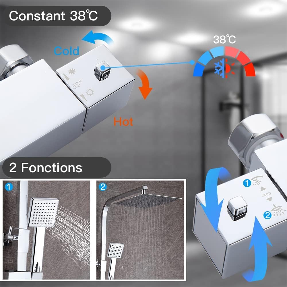 Columna de Ducha Termostática STANEW, Conjunto de Ducha, Cuarto de Baño, Columna de Ducha, Termostato con Mezclador Ajustable en Altura, Sistema de Ducha (Plata)