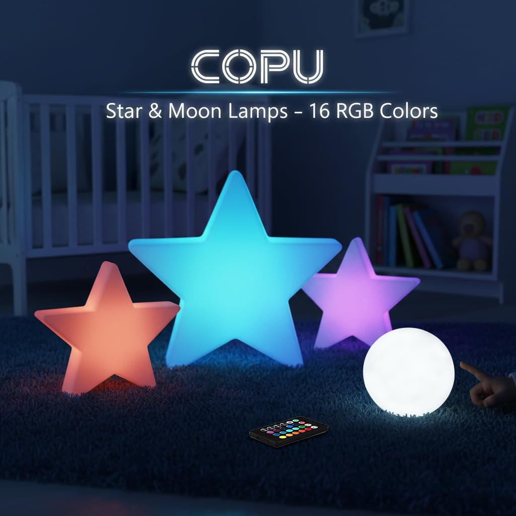 Luce a stella da 40,6 cm, in robusto materiale PE, luce notturna per bambini, lampada per bambini con porta di ricarica USB, 16 colori e 4 effetti di luce, lampada a forma di luna per asilo nido