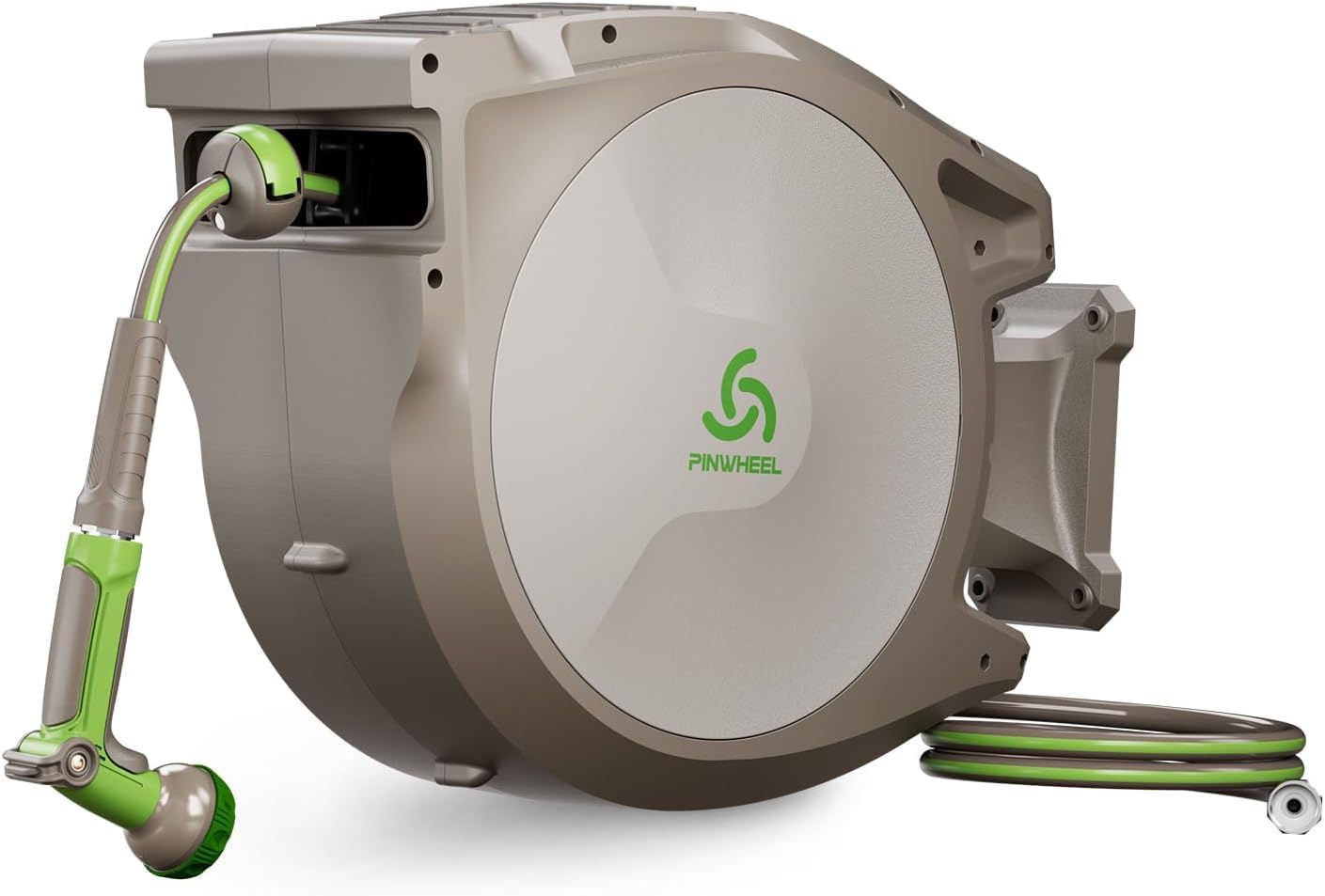 PINWHEEL Carrete de manguera de jardín retráctil de 58 pulgadas y 100 pies, manguera retráctil automática con boquilla rociadora de 10 patrones,