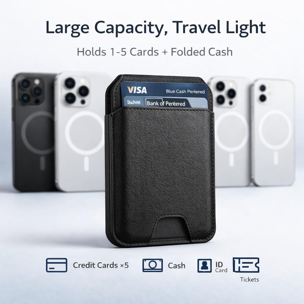 Magnetic Wallet with Stand, Slim Magnetic Card Holder for iPhone 12–17 Series, PU Leather Phone Card Case, Holds Up to 4 Cards(Black)