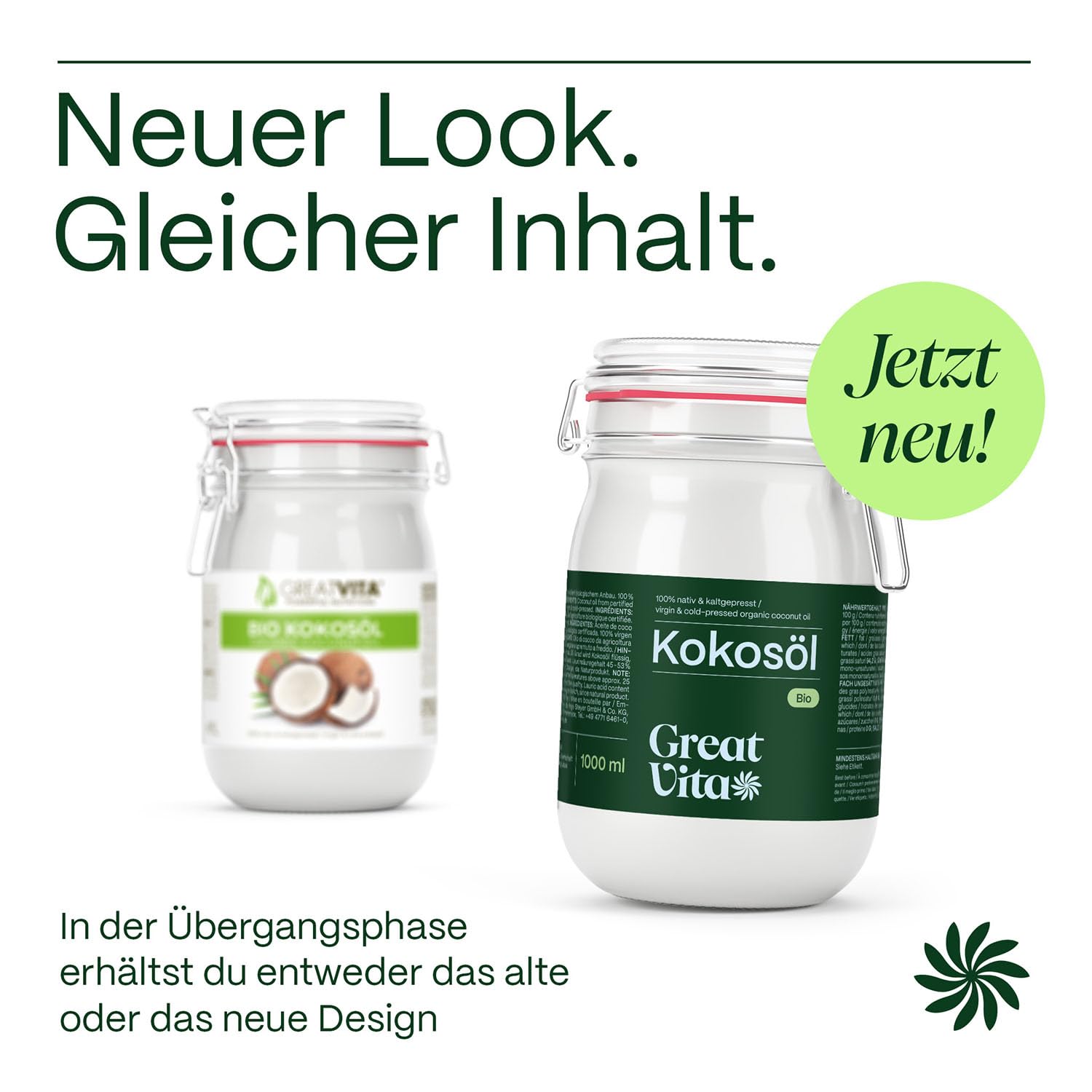 GreatVita MeaVita Bio Kokosöl, nativ, 2er Pack (2 x 1000 ml) im Bügelglas